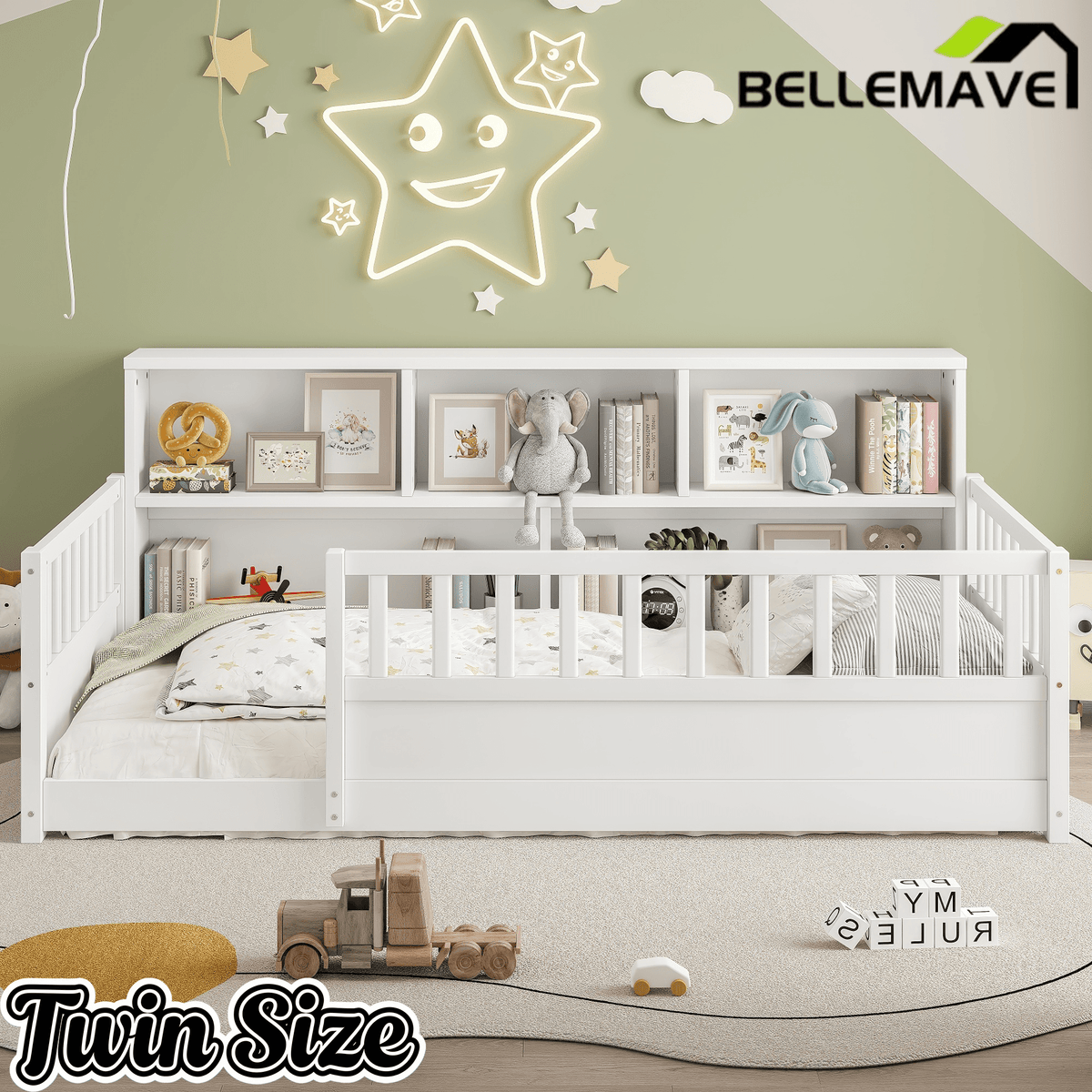 Bellemave® Full Size Montessori Floor Bed with Bookcase, Full Floor Bed with High Fence and Storage Shelves for Girls, Boys, White - Bellemave