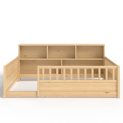 Bellemave® Full Size Montessori Floor Bed with Bookcase, Full Floor Bed with High Fence and Storage Shelves for Girls, Boys, White - Bellemave