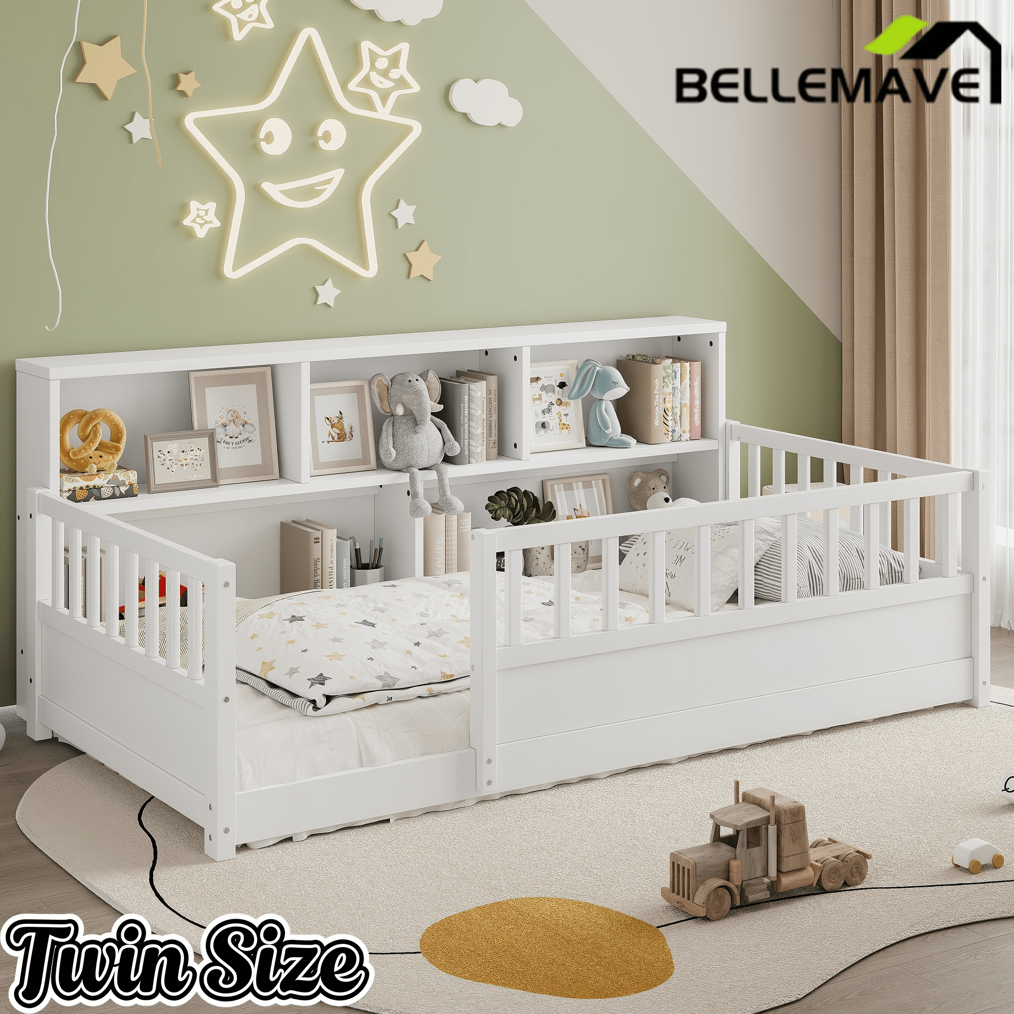 Bellemave® Full Size Montessori Floor Bed with Bookcase, Full Floor Bed with High Fence and Storage Shelves for Girls, Boys, White - Bellemave