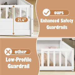 Bellemave® Full Size Montessori Floor Bed with Bookcase, Full Floor Bed with High Fence and Storage Shelves for Girls, Boys, White - Bellemave