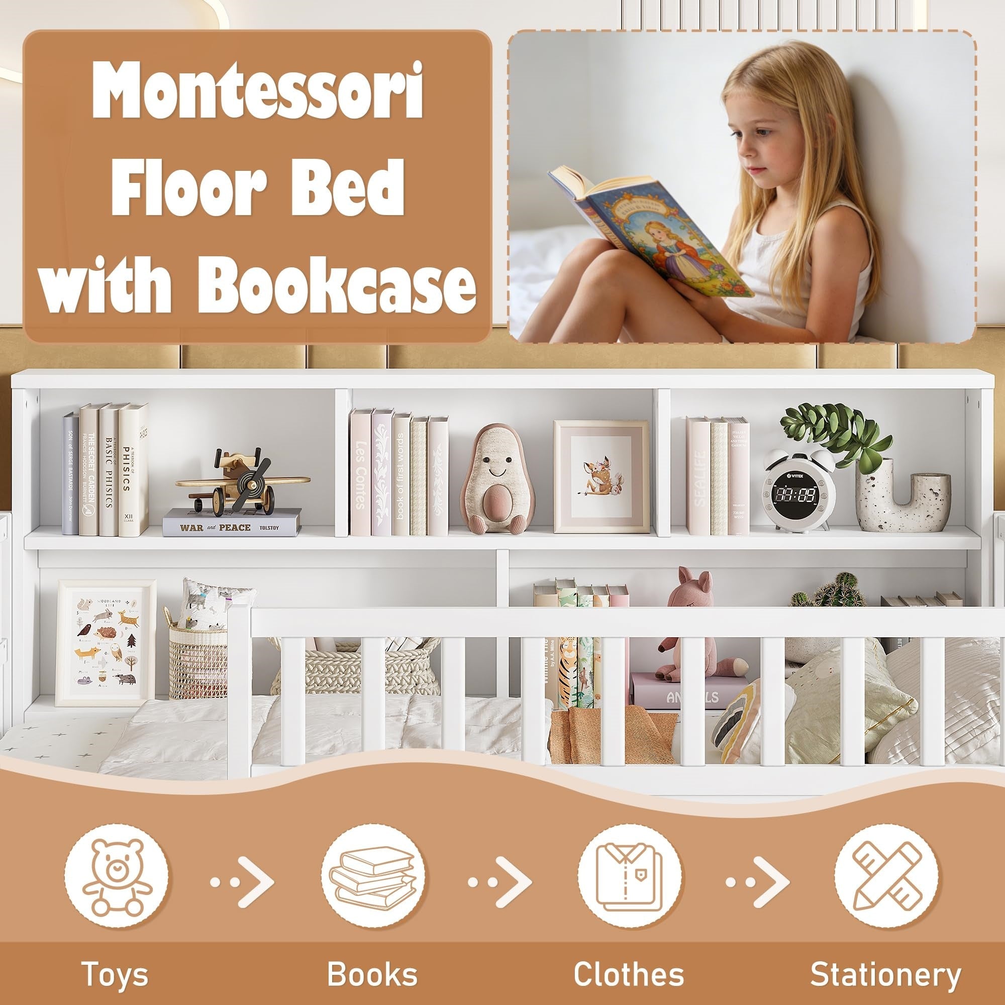 Bellemave® Full Size Montessori Floor Bed with Bookcase, Full Floor Bed with High Fence and Storage Shelves for Girls, Boys, White - Bellemave