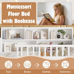 Bellemave® Full Size Montessori Floor Bed with Bookcase, Full Floor Bed with High Fence and Storage Shelves for Girls, Boys, White - Bellemave