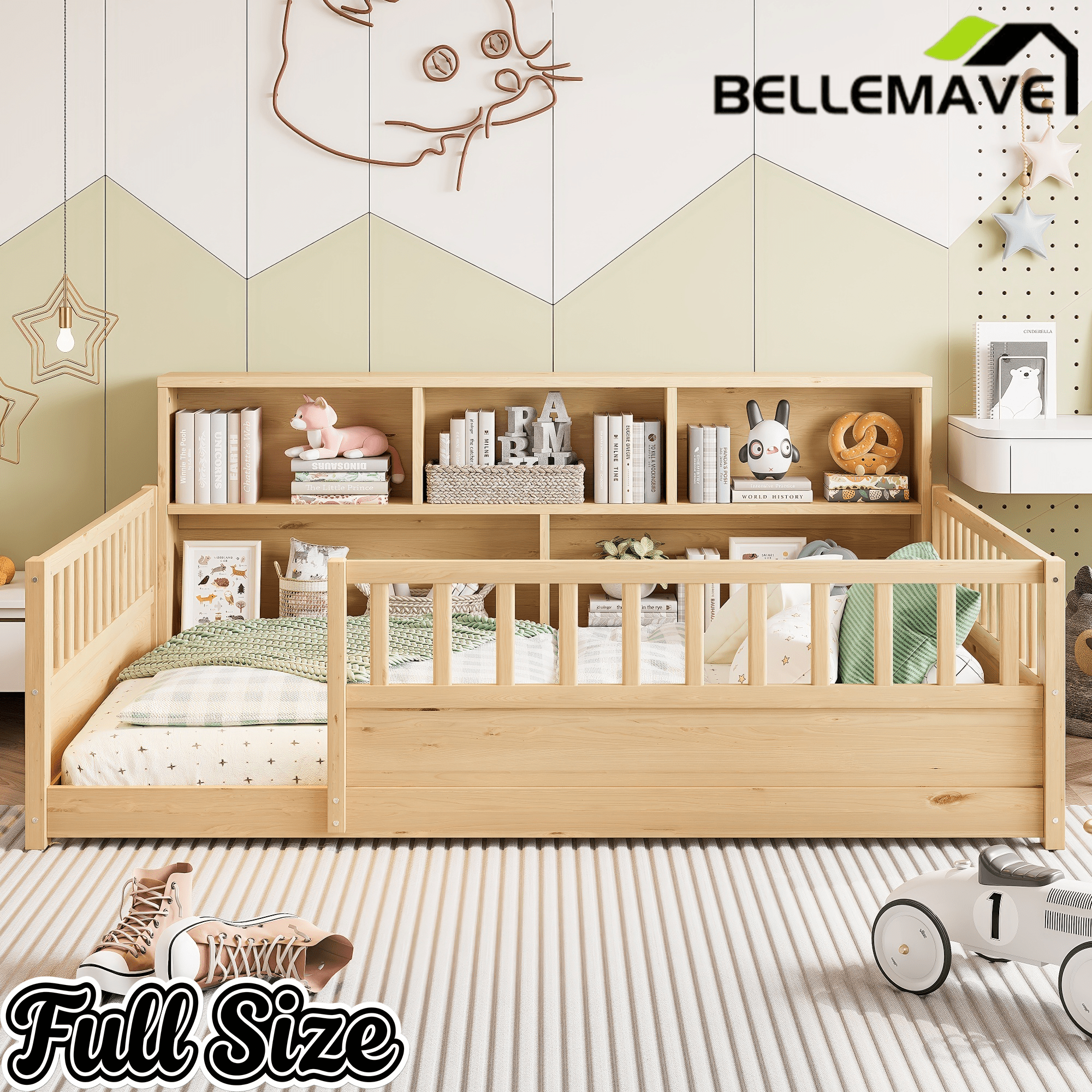Bellemave® Full Size Montessori Floor Bed with Bookcase, Full Floor Bed with High Fence and Storage Shelves for Girls, Boys, White - Bellemave