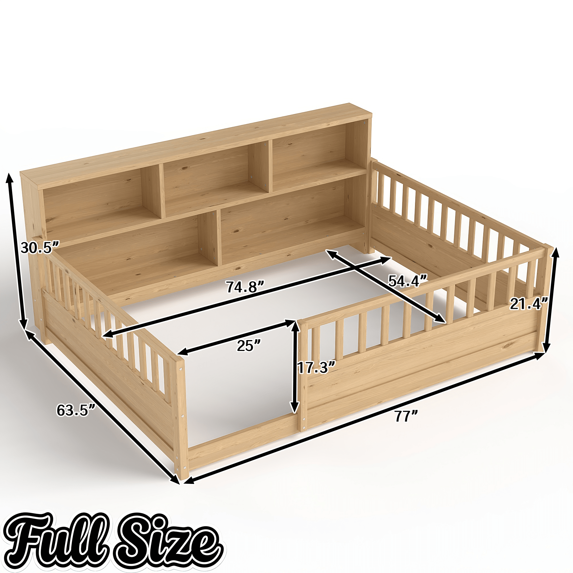 Bellemave® Full Size Montessori Floor Bed with Bookcase, Full Floor Bed with High Fence and Storage Shelves for Girls, Boys, White - Bellemave