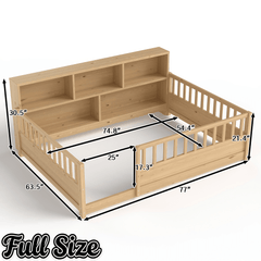 Bellemave® Full Size Montessori Floor Bed with Bookcase, Full Floor Bed with High Fence and Storage Shelves for Girls, Boys, White - Bellemave