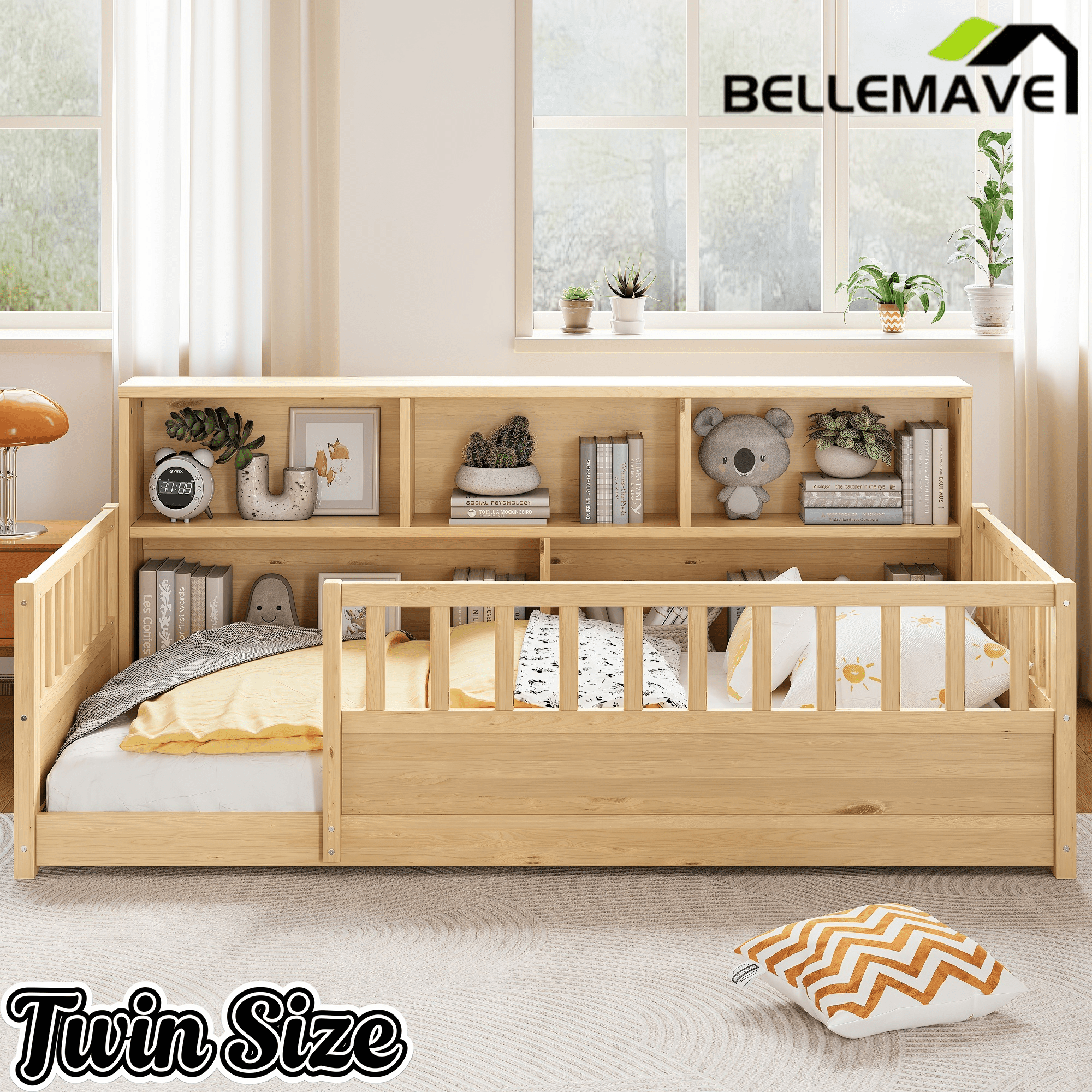Bellemave® Full Size Montessori Floor Bed with Bookcase, Full Floor Bed with High Fence and Storage Shelves for Girls, Boys, White - Bellemave