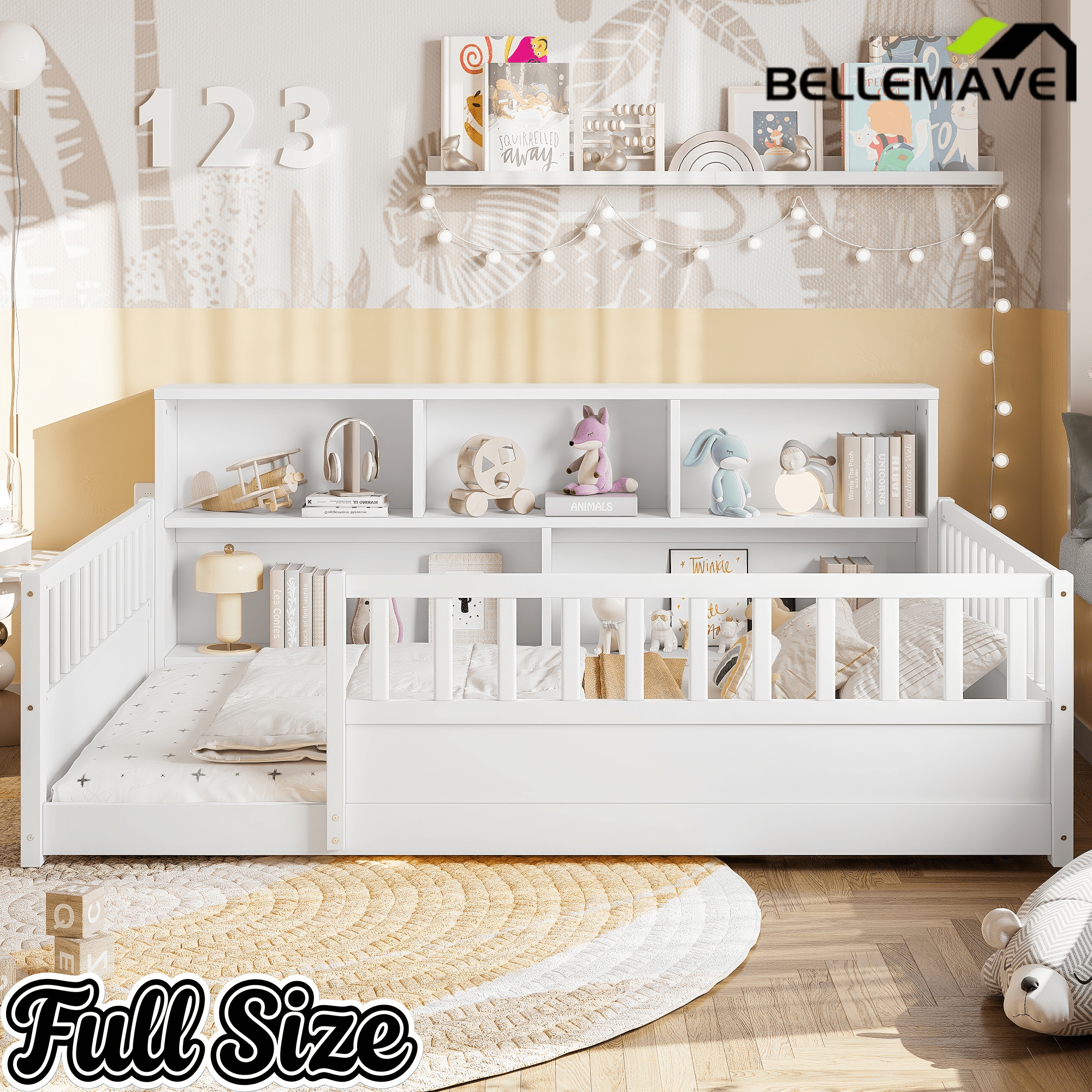Bellemave® Full Size Montessori Floor Bed with Bookcase, Full Floor Bed with High Fence and Storage Shelves for Girls, Boys, White - Bellemave