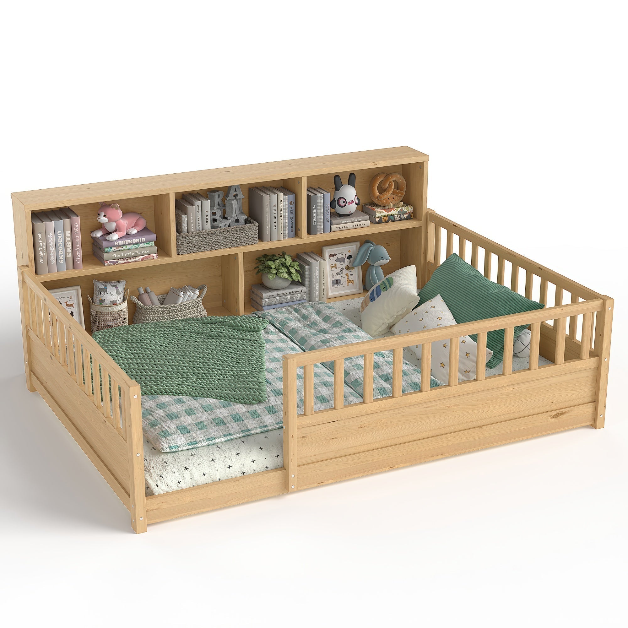 Bellemave® Full Size Montessori Floor Bed with Bookcase, Full Floor Bed with High Fence and Storage Shelves for Girls, Boys, White - Bellemave