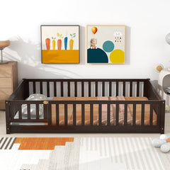 Bellemave® Full Size Montessori Floor Bed with Fence and Door - Bellemave