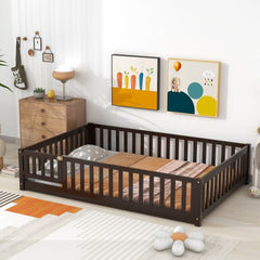 Bellemave® Full Size Montessori Floor Bed with Fence and Door - Bellemave