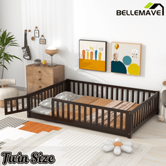 Bellemave® Full Size Montessori Floor Bed with Rails, Pine,Rubber Wood Floor Bed with slats and a Small Door - Bellemave