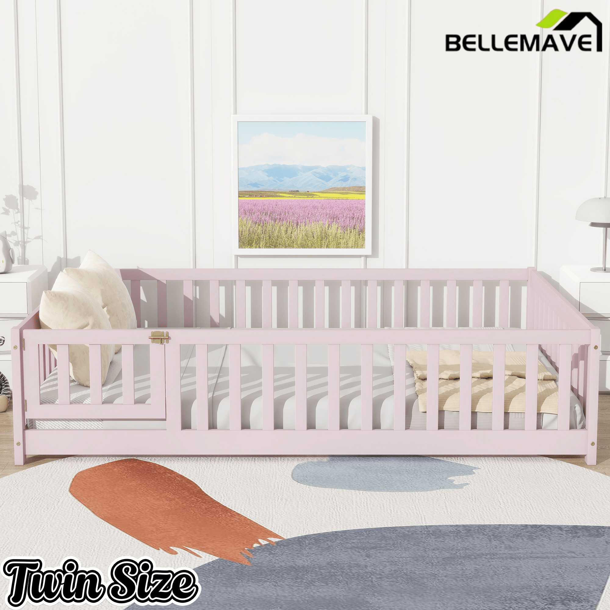 Bellemave® Full Size Montessori Floor Bed with Rails, Pine,Rubber Wood Floor Bed with slats and a Small Door - Bellemave