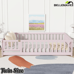 Bellemave® Full Size Montessori Floor Bed with Rails, Pine,Rubber Wood Floor Bed with slats and a Small Door - Bellemave