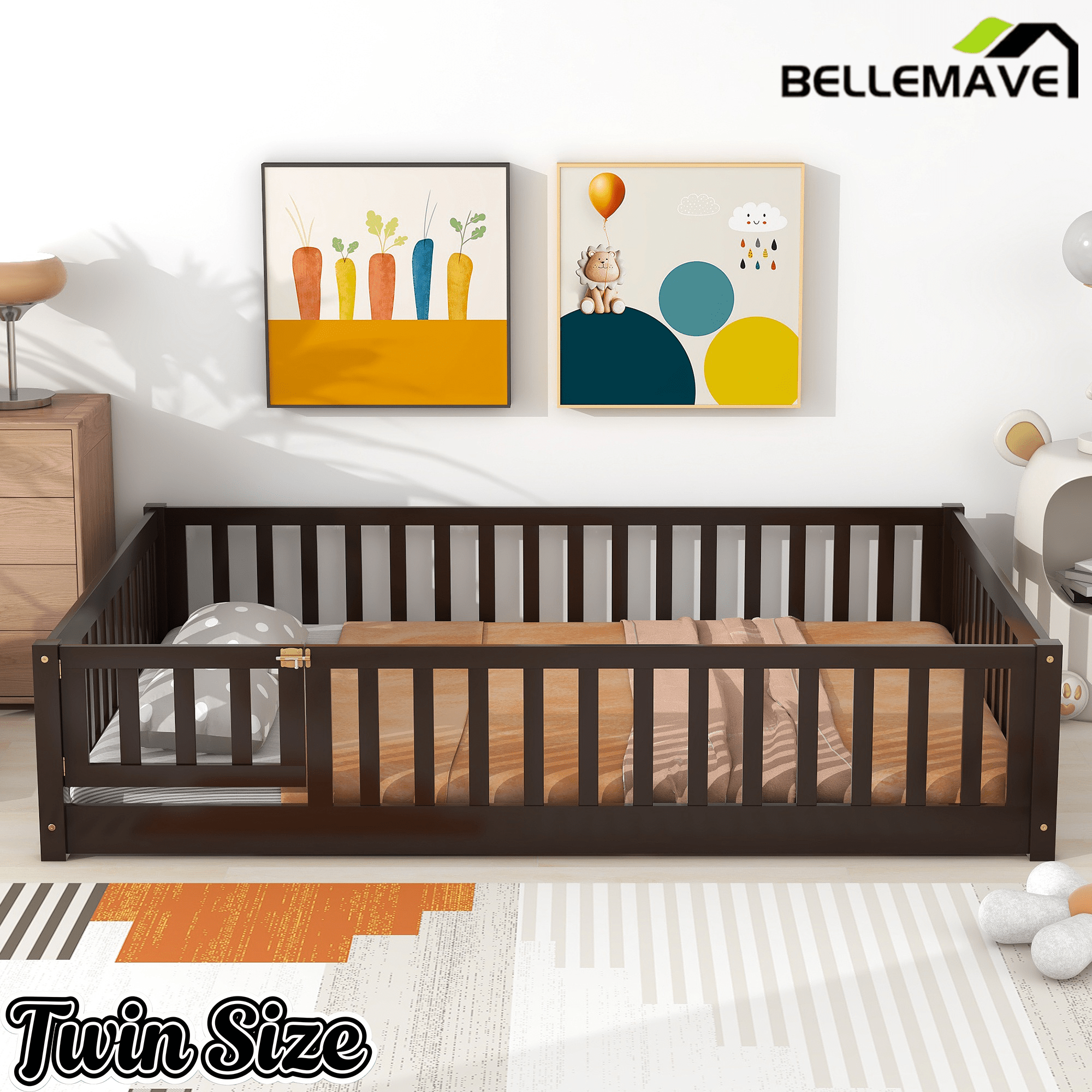 Bellemave® Full Size Montessori Floor Bed with Rails, Pine,Rubber Wood Floor Bed with slats and a Small Door - Bellemave