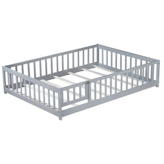 Bellemave® Full Size Montessori Floor Bed with Rails, Pine,Rubber Wood Floor Bed with slats and a Small Door - Bellemave