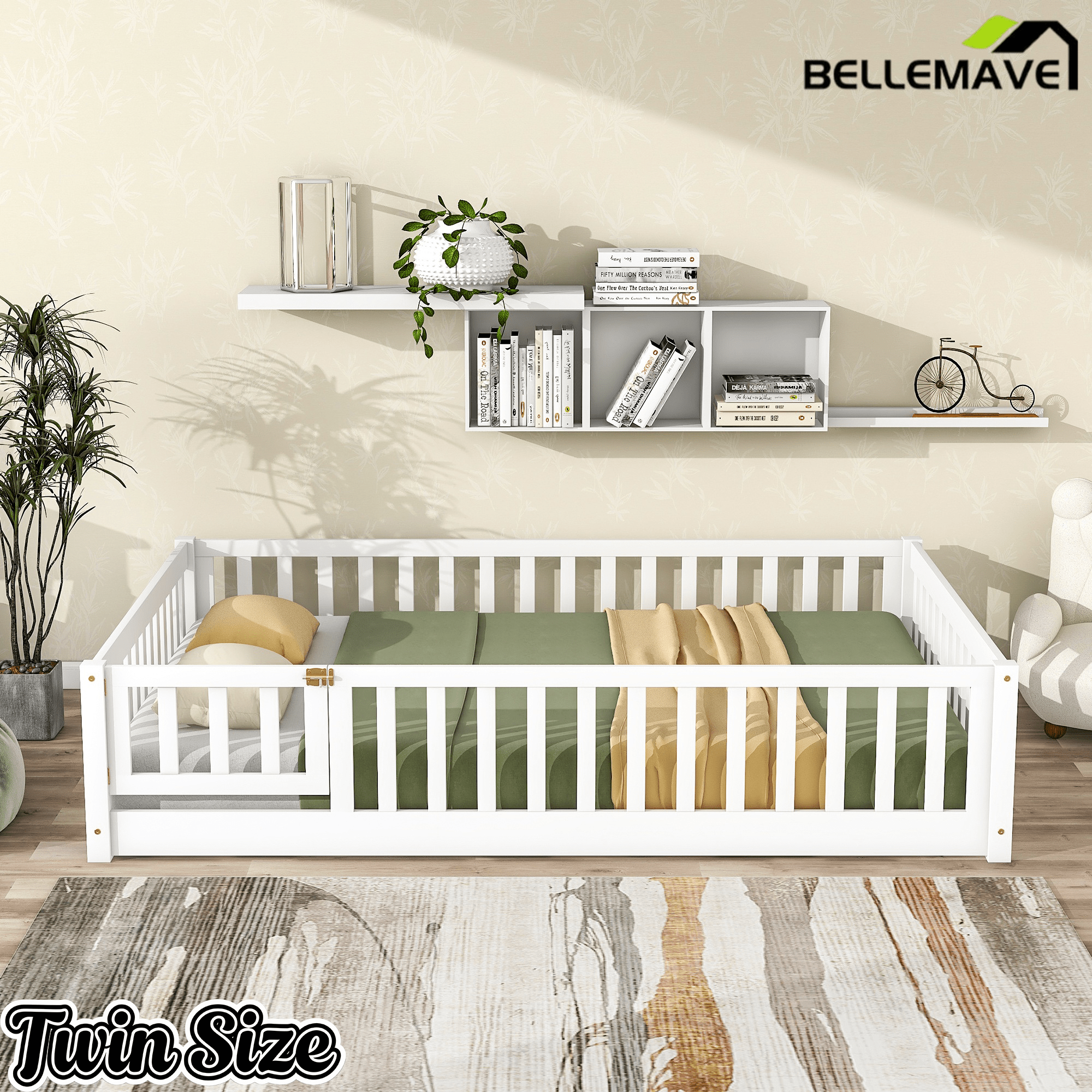 Bellemave® Full Size Montessori Floor Bed with Rails, Pine,Rubber Wood Floor Bed with slats and a Small Door - Bellemave