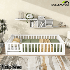Bellemave® Full Size Montessori Floor Bed with Rails, Pine,Rubber Wood Floor Bed with slats and a Small Door - Bellemave