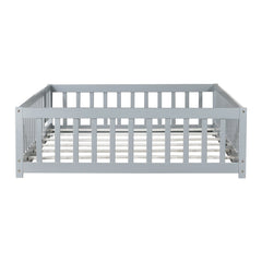 Bellemave® Full Size Montessori Floor Bed with Rails, Pine,Rubber Wood Floor Bed with slats and a Small Door - Bellemave