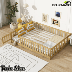 Bellemave® Full Size Montessori Floor Bed with Rails, Pine,Rubber Wood Floor Bed with slats and a Small Door - Bellemave