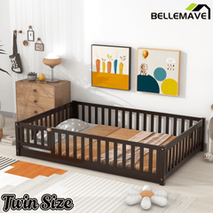 Bellemave® Full Size Montessori Floor Bed with Rails, Pine,Rubber Wood Floor Bed with slats and a Small Door - Bellemave