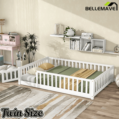 Bellemave® Full Size Montessori Floor Bed with Rails, Pine,Rubber Wood Floor Bed with slats and a Small Door - Bellemave