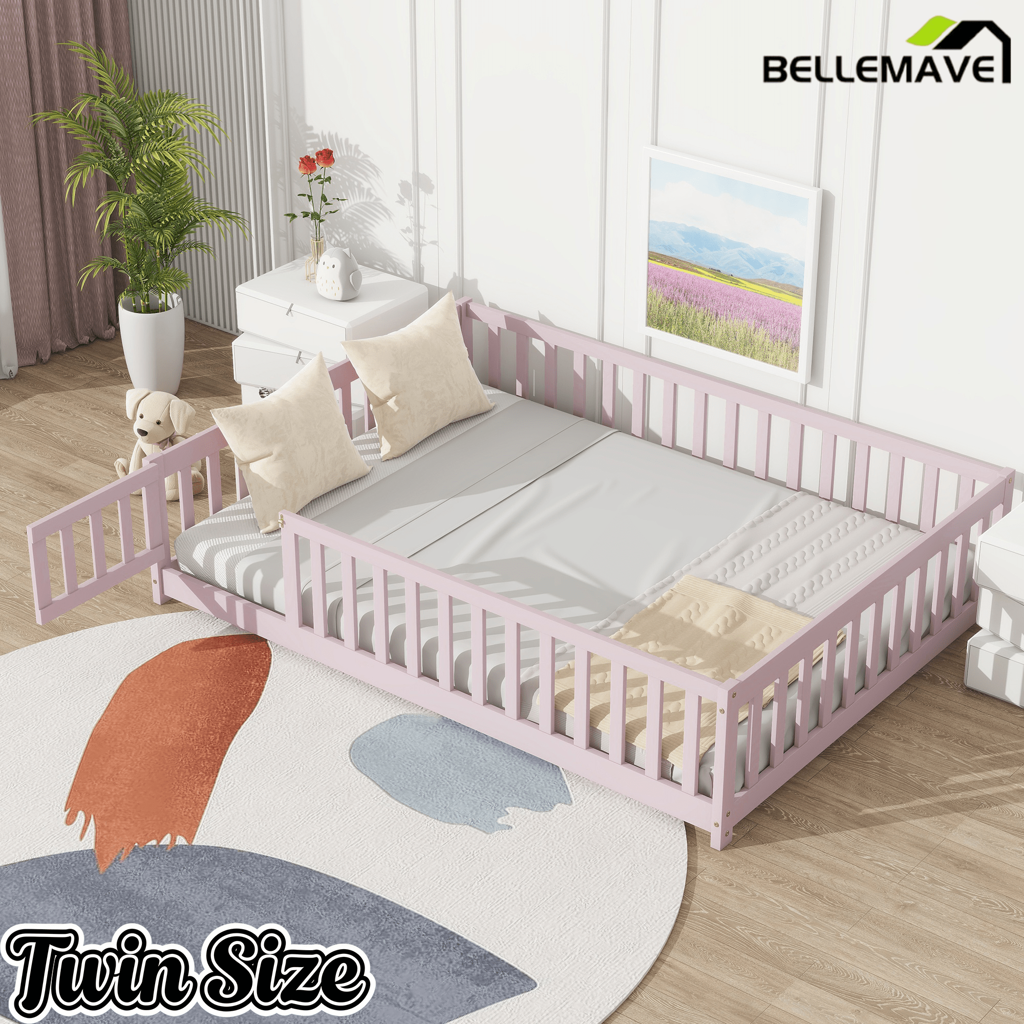 Bellemave® Full Size Montessori Floor Bed with Rails, Pine,Rubber Wood Floor Bed with slats and a Small Door - Bellemave