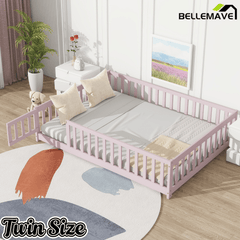 Bellemave® Full Size Montessori Floor Bed with Rails, Pine,Rubber Wood Floor Bed with slats and a Small Door - Bellemave