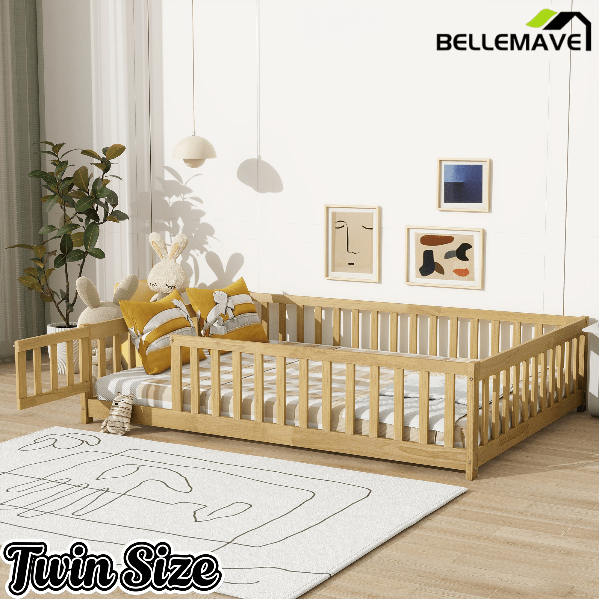 Bellemave® Full Size Montessori Floor Bed with Rails, Pine,Rubber Wood Floor Bed with slats and a Small Door - Bellemave