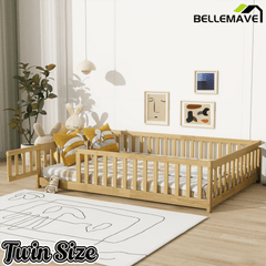 Bellemave® Full Size Montessori Floor Bed with Rails, Pine,Rubber Wood Floor Bed with slats and a Small Door - Bellemave