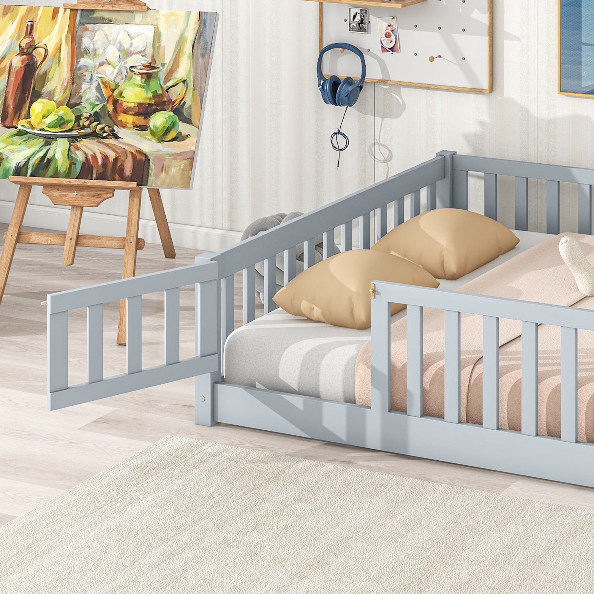 Bellemave® Full Size Montessori Floor Bed with Rails, Pine,Rubber Wood Floor Bed with slats and a Small Door - Bellemave
