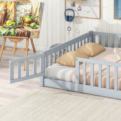 Bellemave® Full Size Montessori Floor Bed with Rails, Pine,Rubber Wood Floor Bed with slats and a Small Door - Bellemave