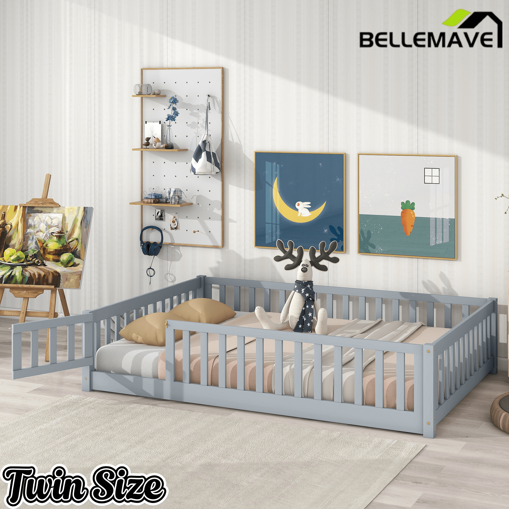 Bellemave® Full Size Montessori Floor Bed with Rails, Pine,Rubber Wood Floor Bed with slats and a Small Door - Bellemave