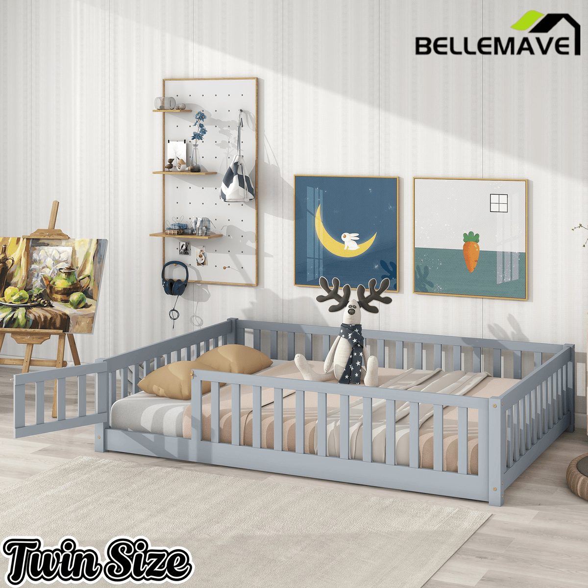 Bellemave® Full Size Montessori Floor Bed with Rails, Pine,Rubber Wood Floor Bed with slats and a Small Door - Bellemave