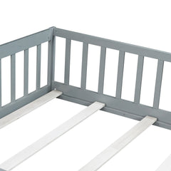 Bellemave® Full Size Montessori Floor Bed with Rails, Pine,Rubber Wood Floor Bed with slats and a Small Door - Bellemave