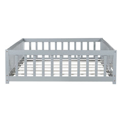 Bellemave® Full Size Montessori Floor Bed with Rails, Pine,Rubber Wood Floor Bed with slats and a Small Door - Bellemave