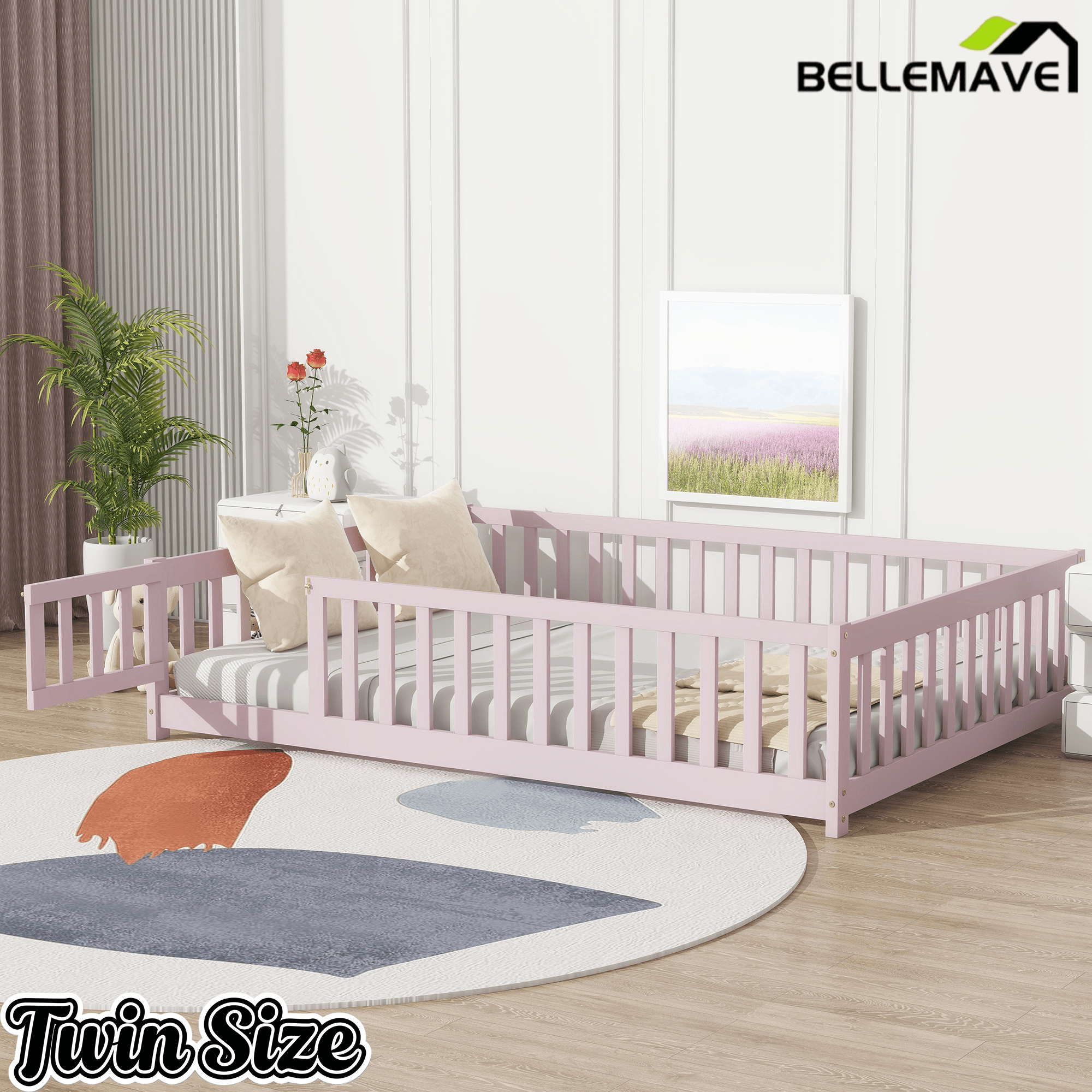 Bellemave® Full Size Montessori Floor Bed with Rails, Pine,Rubber Wood Floor Bed with slats and a Small Door - Bellemave