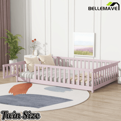 Bellemave® Full Size Montessori Floor Bed with Rails, Pine,Rubber Wood Floor Bed with slats and a Small Door - Bellemave