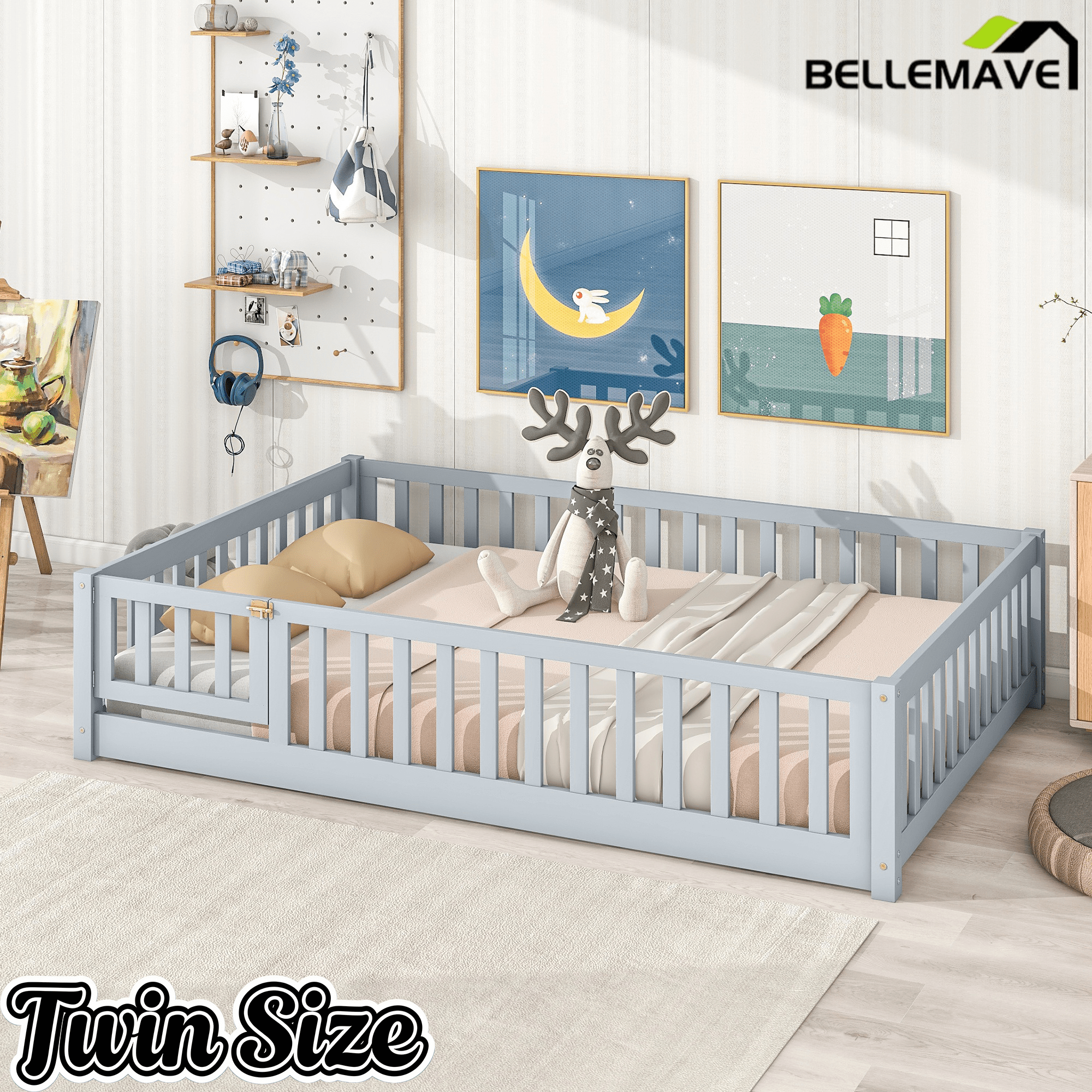Bellemave® Full Size Montessori Floor Bed with Rails, Pine,Rubber Wood Floor Bed with slats and a Small Door - Bellemave
