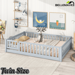 Bellemave® Full Size Montessori Floor Bed with Rails, Pine,Rubber Wood Floor Bed with slats and a Small Door - Bellemave