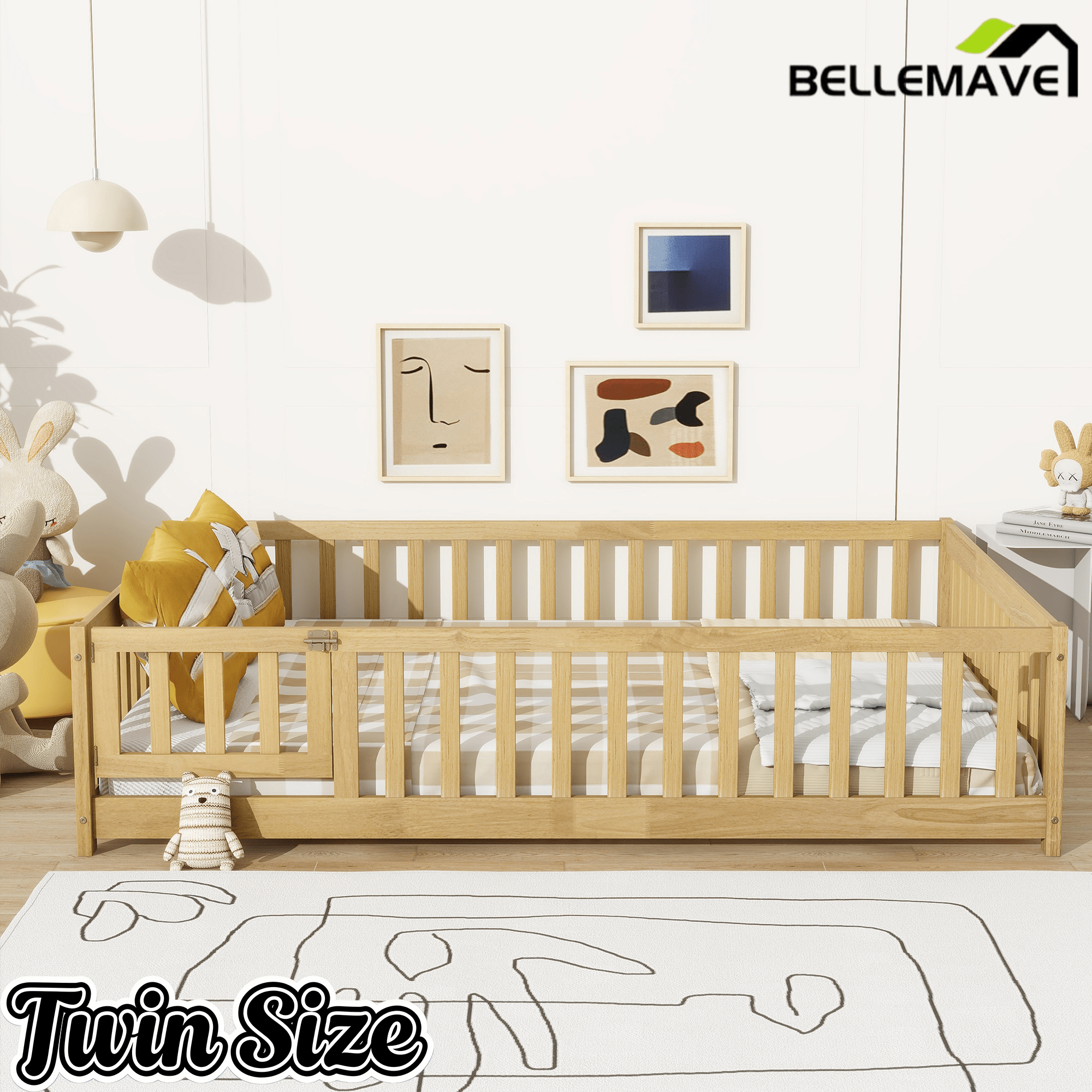 Bellemave® Full Size Montessori Floor Bed with Rails, Pine,Rubber Wood Floor Bed with slats and a Small Door - Bellemave