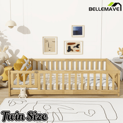 Bellemave® Full Size Montessori Floor Bed with Rails, Pine,Rubber Wood Floor Bed with slats and a Small Door - Bellemave