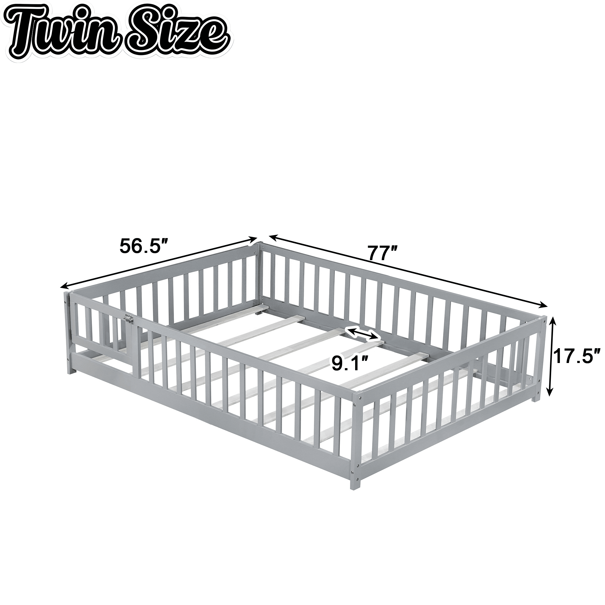 Bellemave® Full Size Montessori Floor Bed with Rails, Pine,Rubber Wood Floor Bed with slats and a Small Door - Bellemave