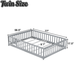 Bellemave® Full Size Montessori Floor Bed with Rails, Pine,Rubber Wood Floor Bed with slats and a Small Door - Bellemave