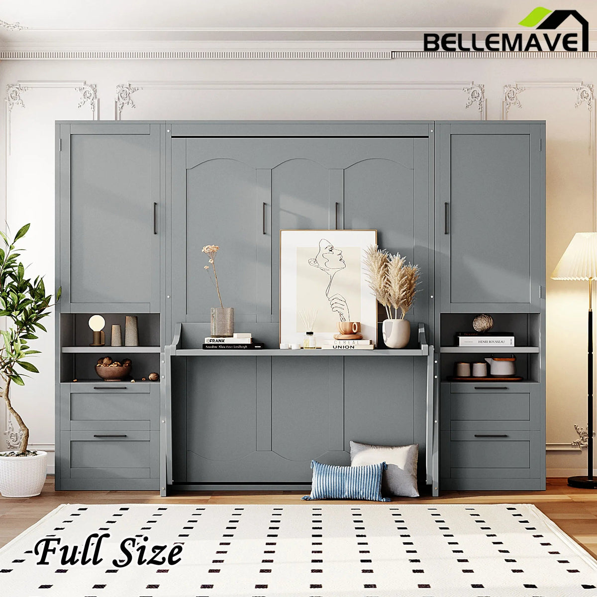 Bellemave® Full Size Murphy Bed Wall Bed with Closet, Drawers and Shelves - Bellemave