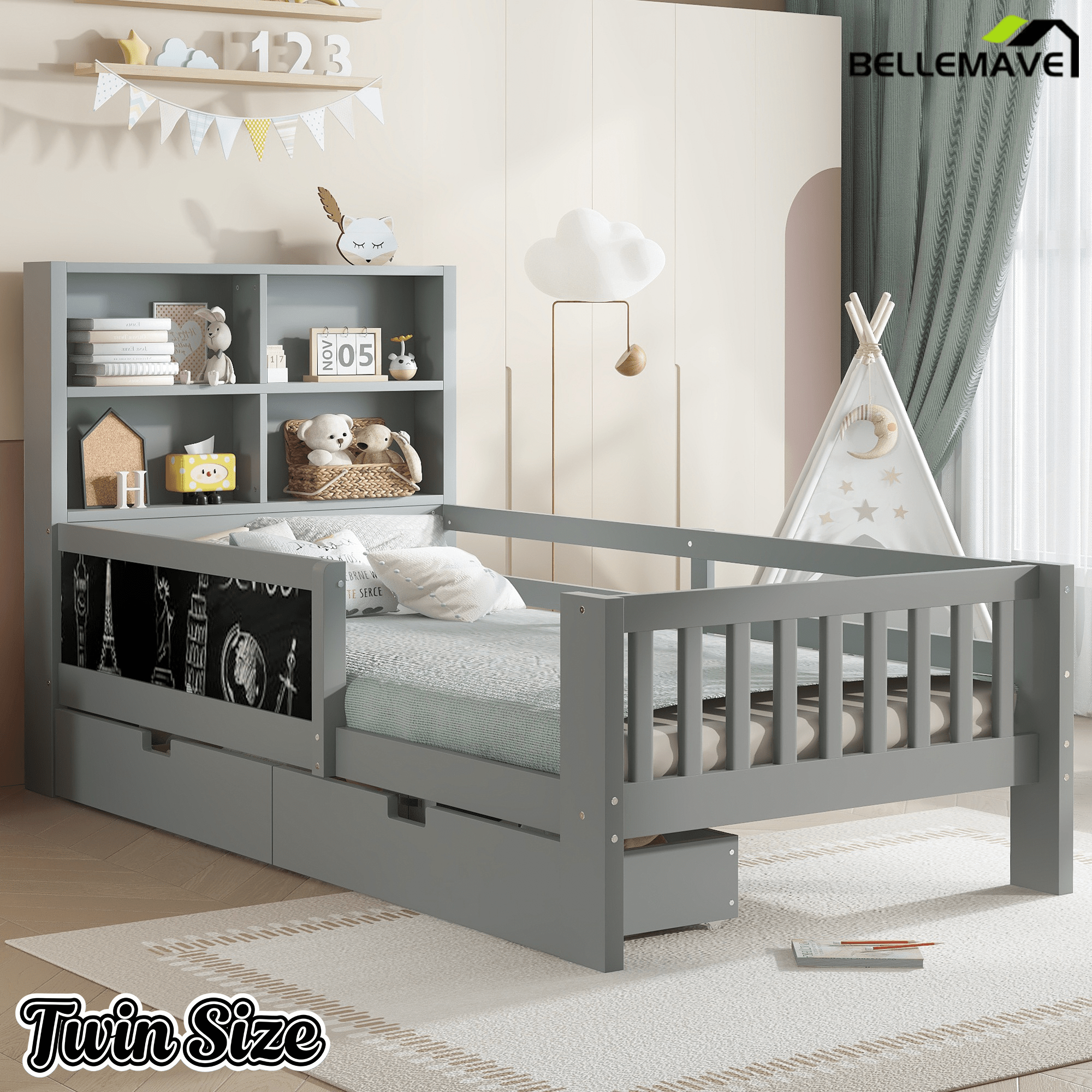 Bellemave® Full Size Platform Bed Frame with Storage Headboard, 2 Drawers and Chalkboard, Full Size Wood Beds Frame with Rails on Both Sides, Gray - Bellemave
