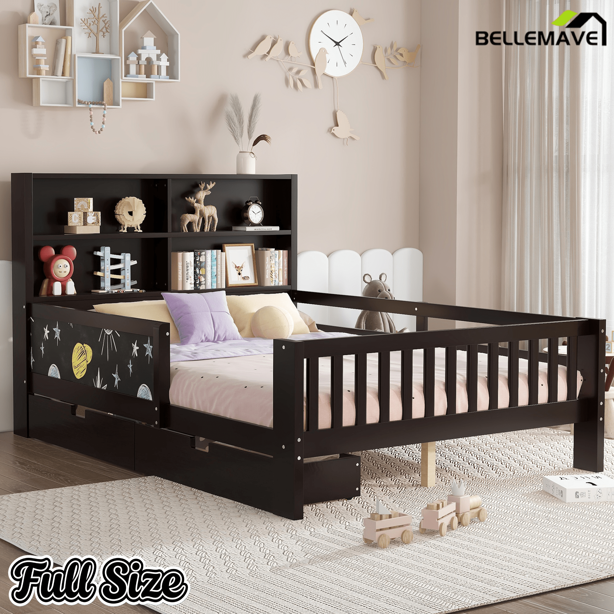 Bellemave® Full Size Platform Bed Frame with Storage Headboard, 2 Drawers and Chalkboard, Full Size Wood Beds Frame with Rails on Both Sides, Gray - Bellemave