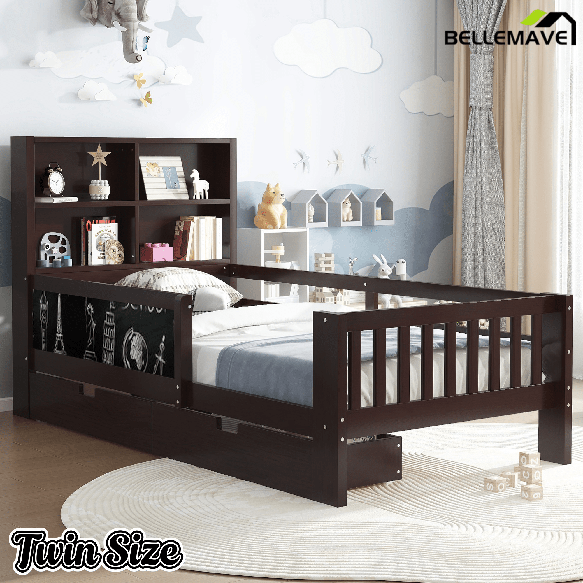 Bellemave® Full Size Platform Bed Frame with Storage Headboard, 2 Drawers and Chalkboard, Full Size Wood Beds Frame with Rails on Both Sides, Gray - Bellemave