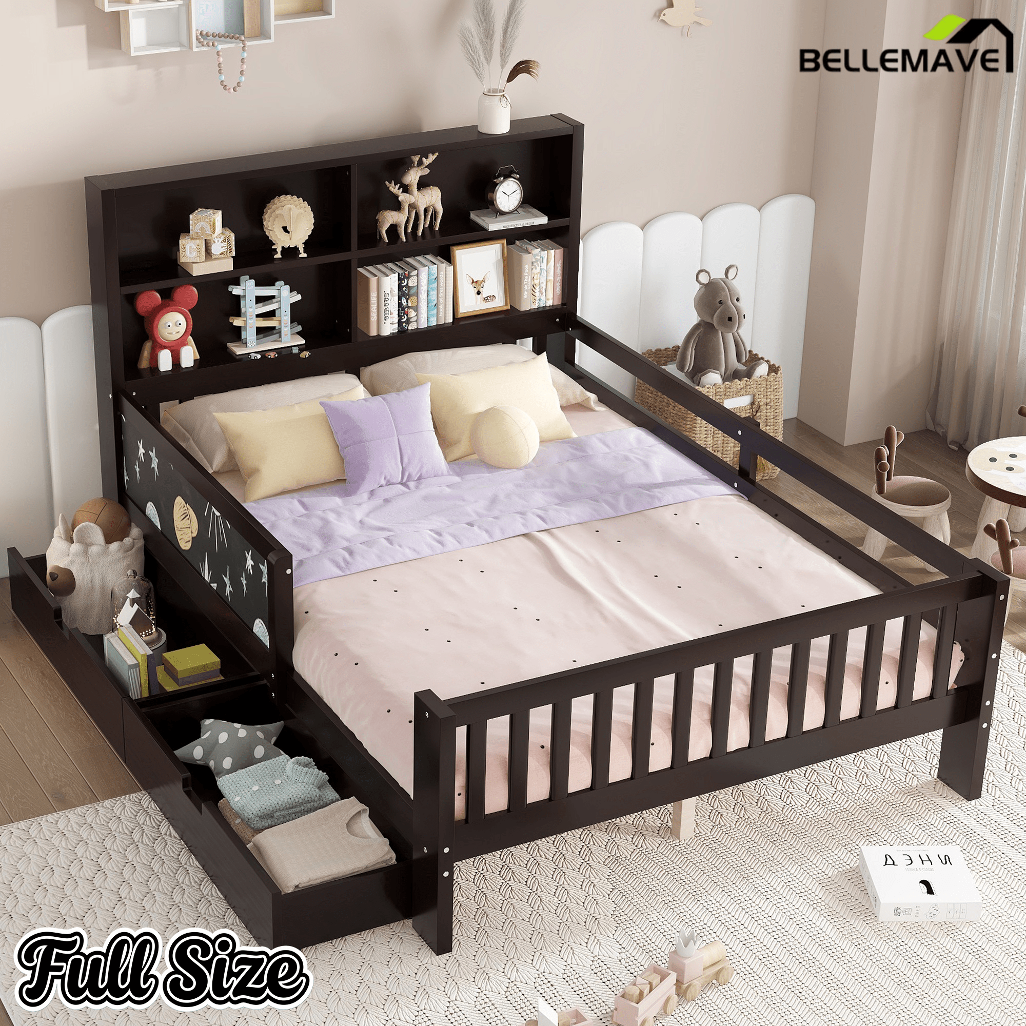 Bellemave® Full Size Platform Bed Frame with Storage Headboard, 2 Drawers and Chalkboard, Full Size Wood Beds Frame with Rails on Both Sides, Gray - Bellemave
