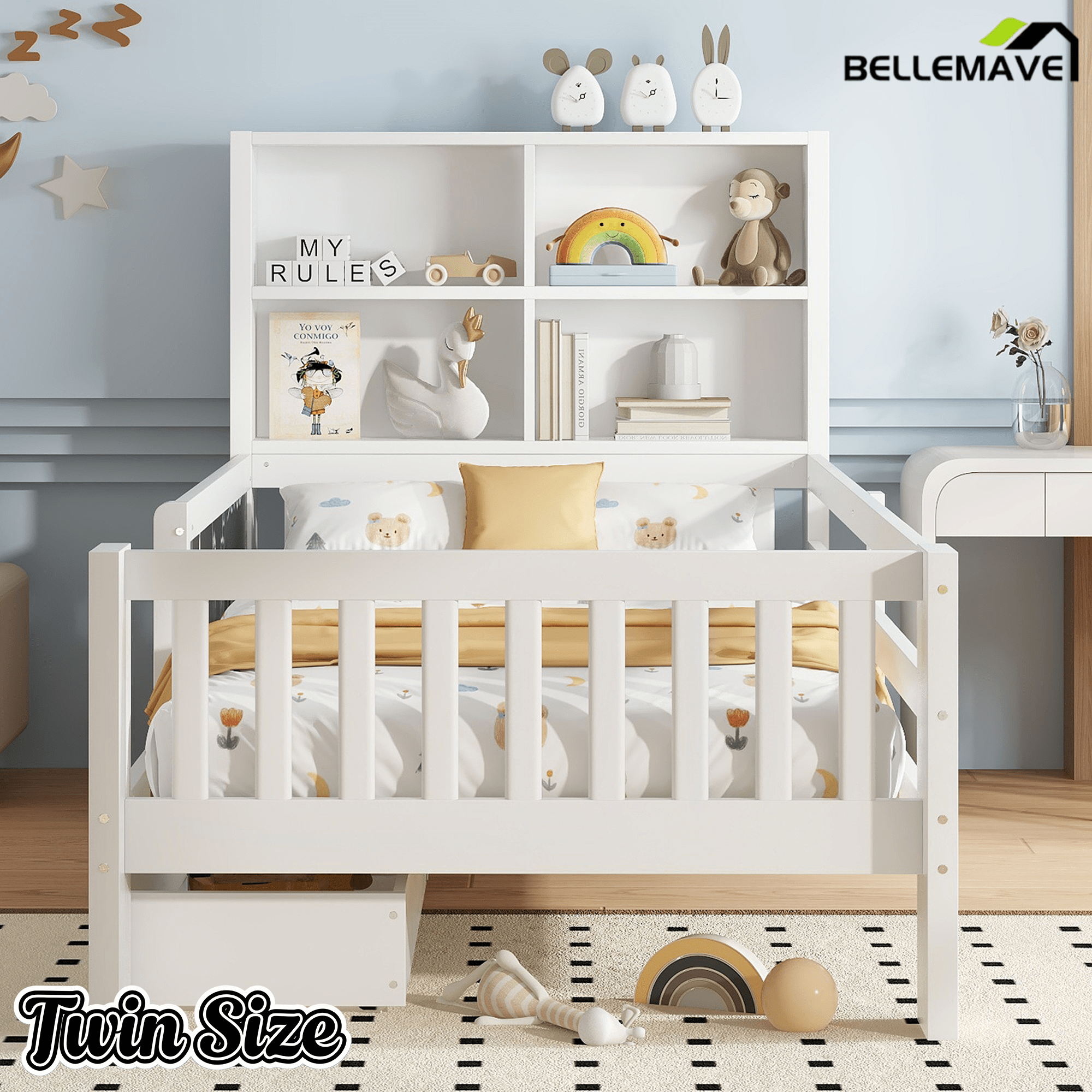 Bellemave® Full Size Platform Bed Frame with Storage Headboard, 2 Drawers and Chalkboard, Full Size Wood Beds Frame with Rails on Both Sides, Gray - Bellemave