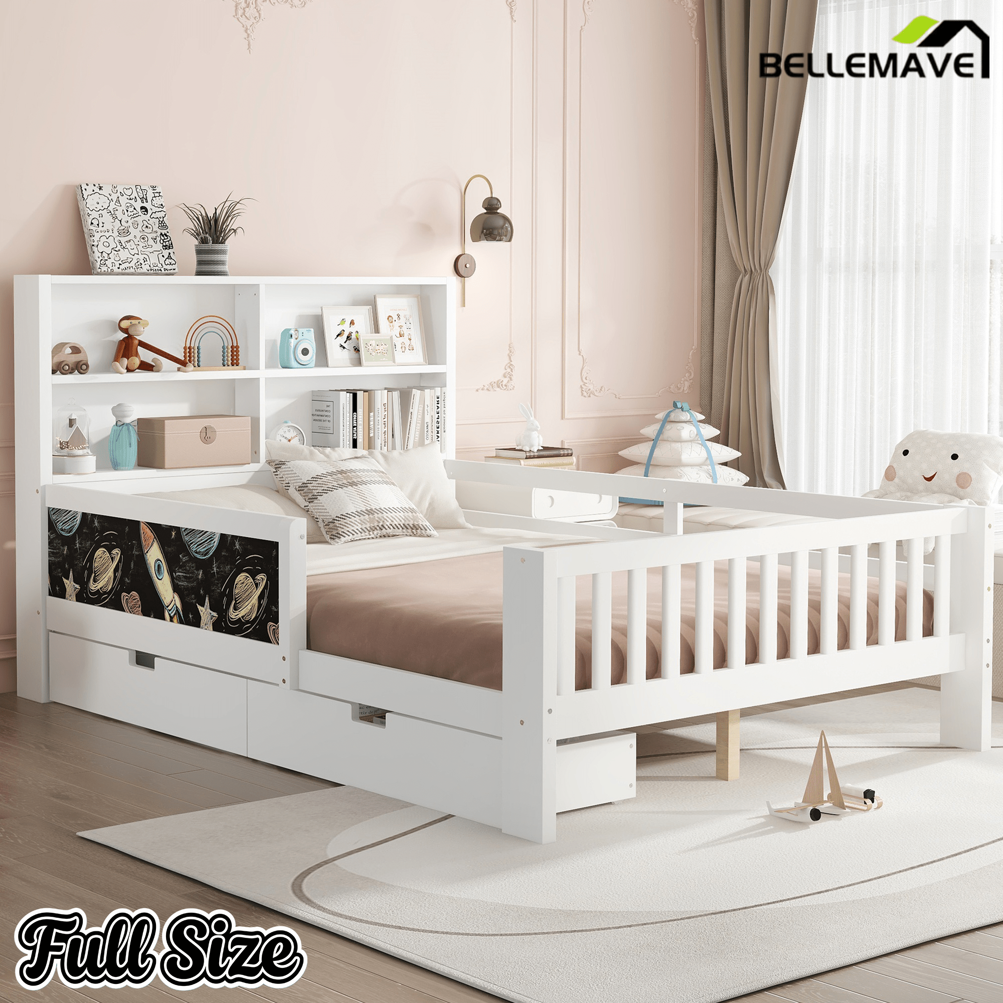 Bellemave® Full Size Platform Bed Frame with Storage Headboard, 2 Drawers and Chalkboard, Full Size Wood Beds Frame with Rails on Both Sides, Gray - Bellemave